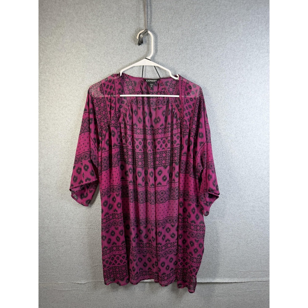 Express Blouse Womens XS Pink Geometric Sheer Kimono 3/4 Sleeve Tunic Top